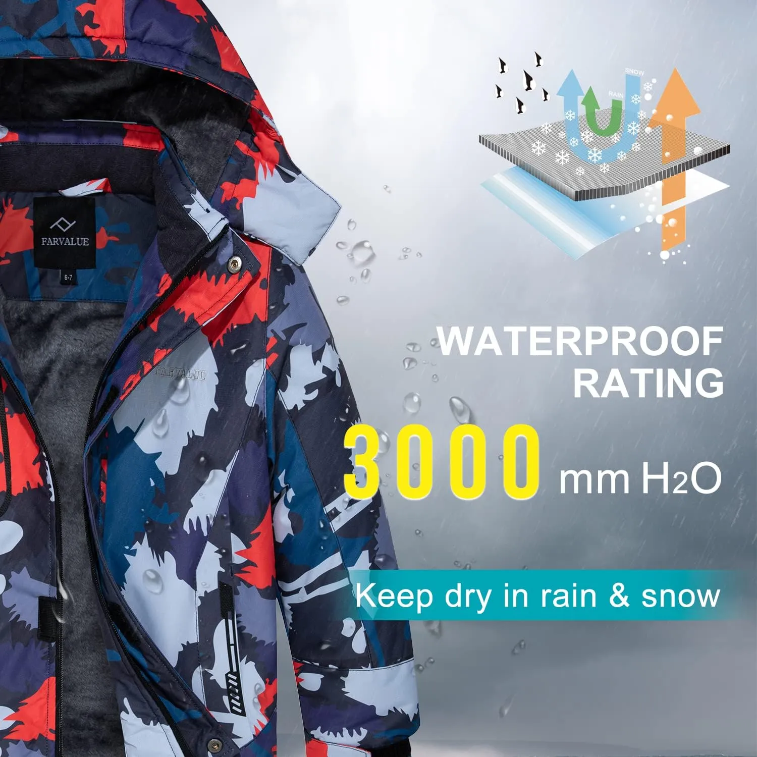 FARVALUE Boys Waterproof Ski Jacket Windproof Winter Coat Warm Snow Coat Outdoor Raincoats with Removable Hood