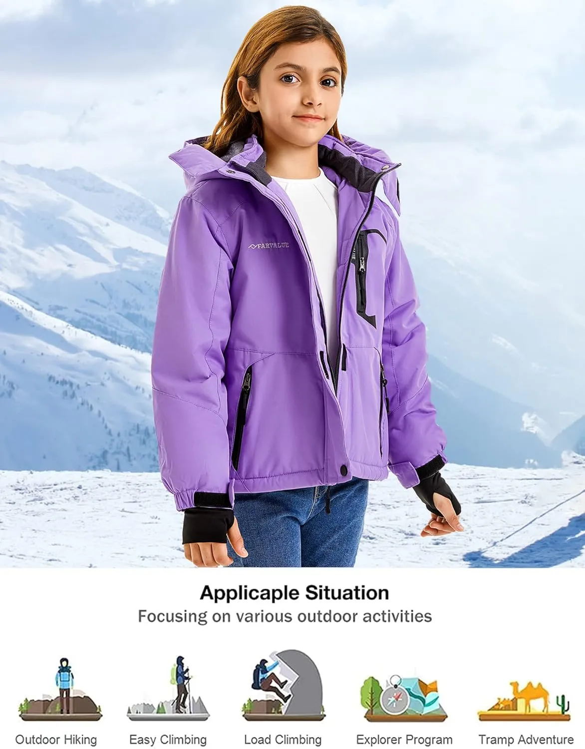 FARVALUE Girls Waterproof Skiing Jacket Windproof Winter Coat Warm Snow Coat with Removable Hood