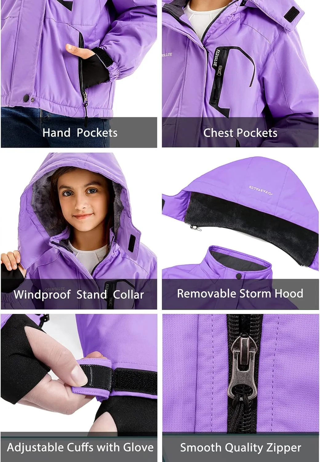 FARVALUE Girls Waterproof Skiing Jacket Windproof Winter Coat Warm Snow Coat with Removable Hood
