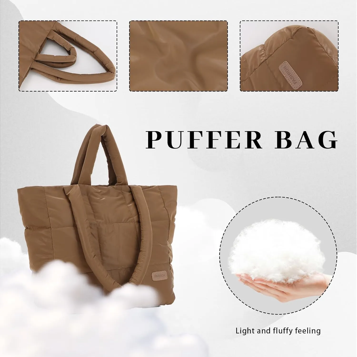 Fecialy Quilted Tote for Women - Large Puffer Shoulder Bag, Puffy Nylon Satchel Travel Handbag