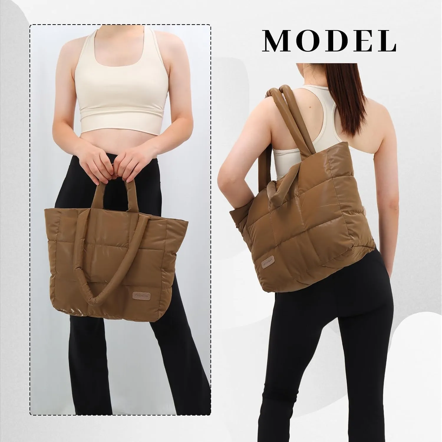 Fecialy Quilted Tote for Women - Large Puffer Shoulder Bag, Puffy Nylon Satchel Travel Handbag