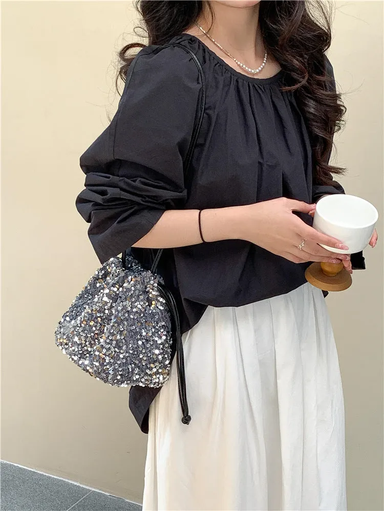 Female Drawstring Pleated Design Soft Portable Crossbody Bags