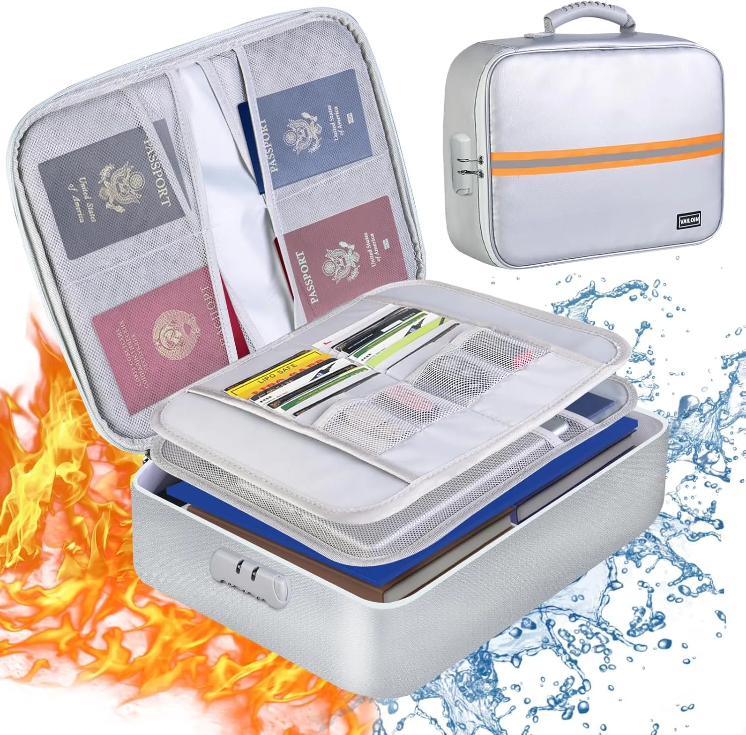 Fireproof Document Bag with Lock,Samll Filing Storage for Important Documents,Portable Safe Organizer with Water Resistant Zipper, Water and Fire Proof File Storage for Travel,Home,Office(Silver)