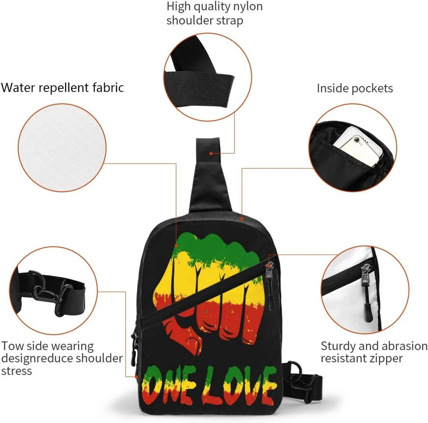 Fist One Loves Rasta Reggae Jamaica Roots Portable Sling Bags Packable Crossbody Bag Foldable Sport Daypack Reusable Shoulder Backpack Diagonally Chest Bag for Workout Travel