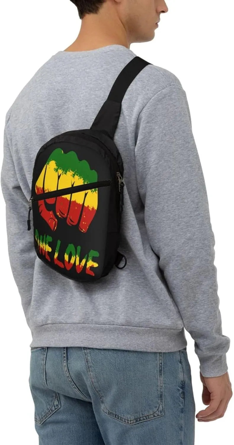 Fist One Loves Rasta Reggae Jamaica Roots Portable Sling Bags Packable Crossbody Bag Foldable Sport Daypack Reusable Shoulder Backpack Diagonally Chest Bag for Workout Travel