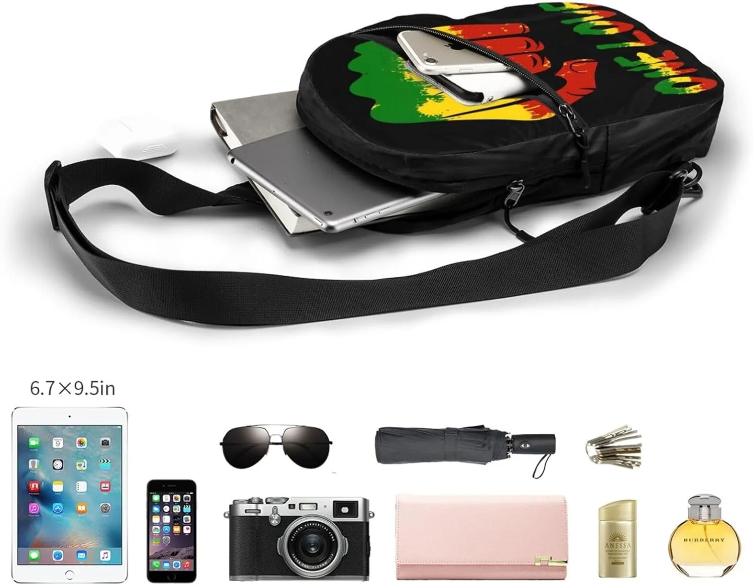 Fist One Loves Rasta Reggae Jamaica Roots Portable Sling Bags Packable Crossbody Bag Foldable Sport Daypack Reusable Shoulder Backpack Diagonally Chest Bag for Workout Travel