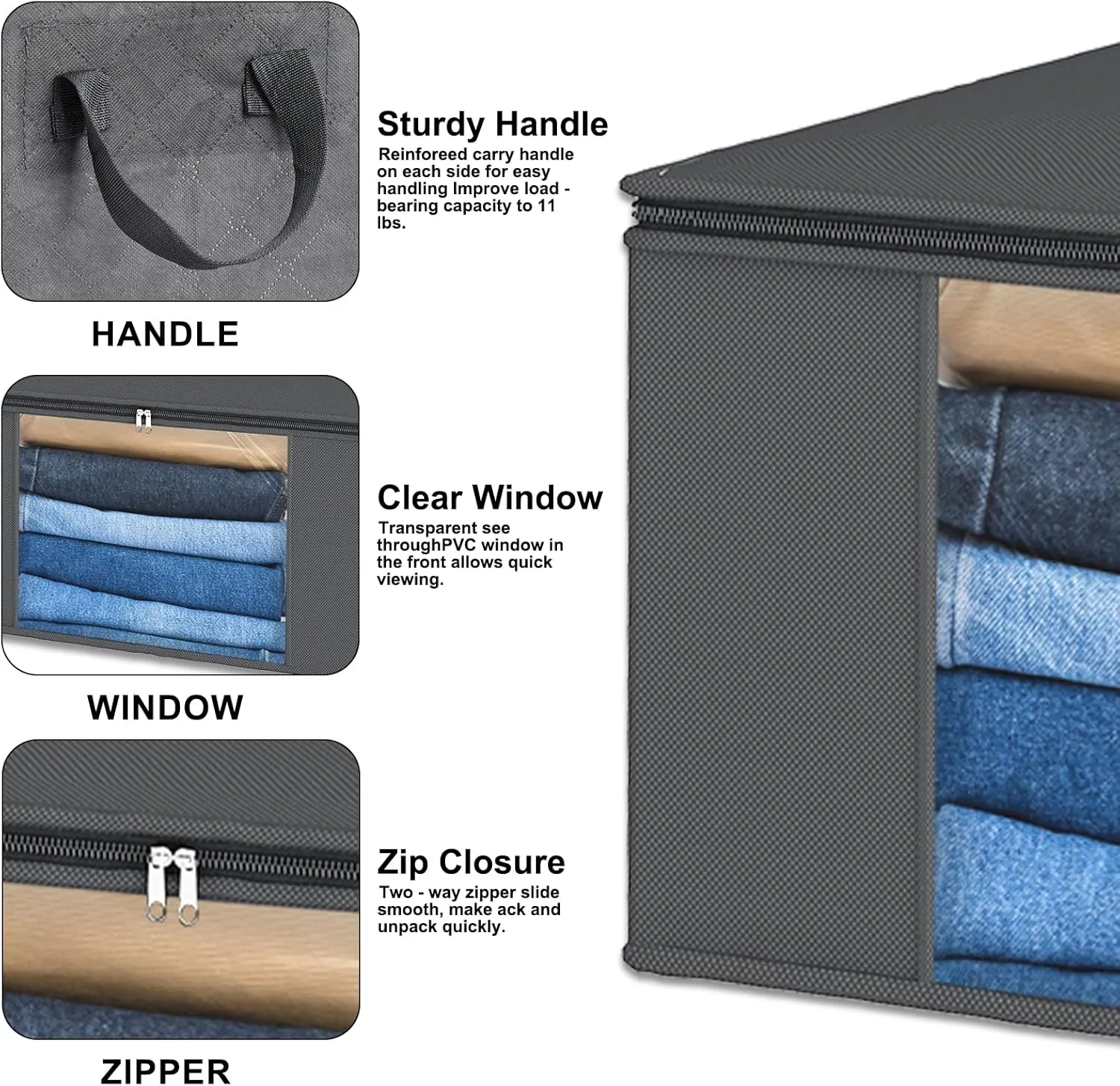 Fixwal Clothes Storage 6 Pack Storage Containers 48L Foldable Blanket Storage Bags for Organizing Clothing Bedroom Comforter Closet Dorm Sweater Quilts Organizer Grey