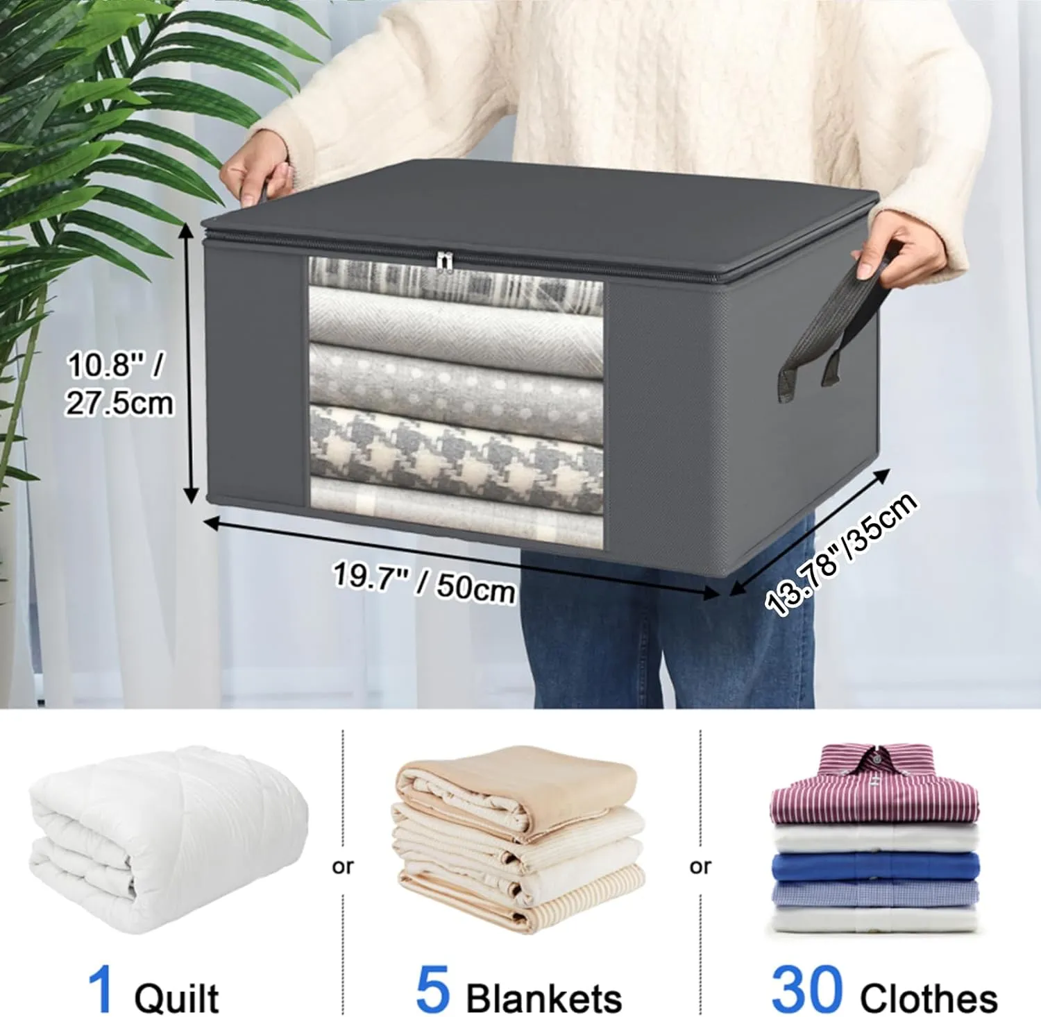 Fixwal Clothes Storage 6 Pack Storage Containers 48L Foldable Blanket Storage Bags for Organizing Clothing Bedroom Comforter Closet Dorm Sweater Quilts Organizer Grey