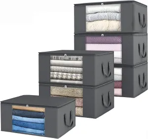 Fixwal Clothes Storage 6 Pack Storage Containers 48L Foldable Blanket Storage Bags for Organizing Clothing Bedroom Comforter Closet Dorm Sweater Quilts Organizer Grey