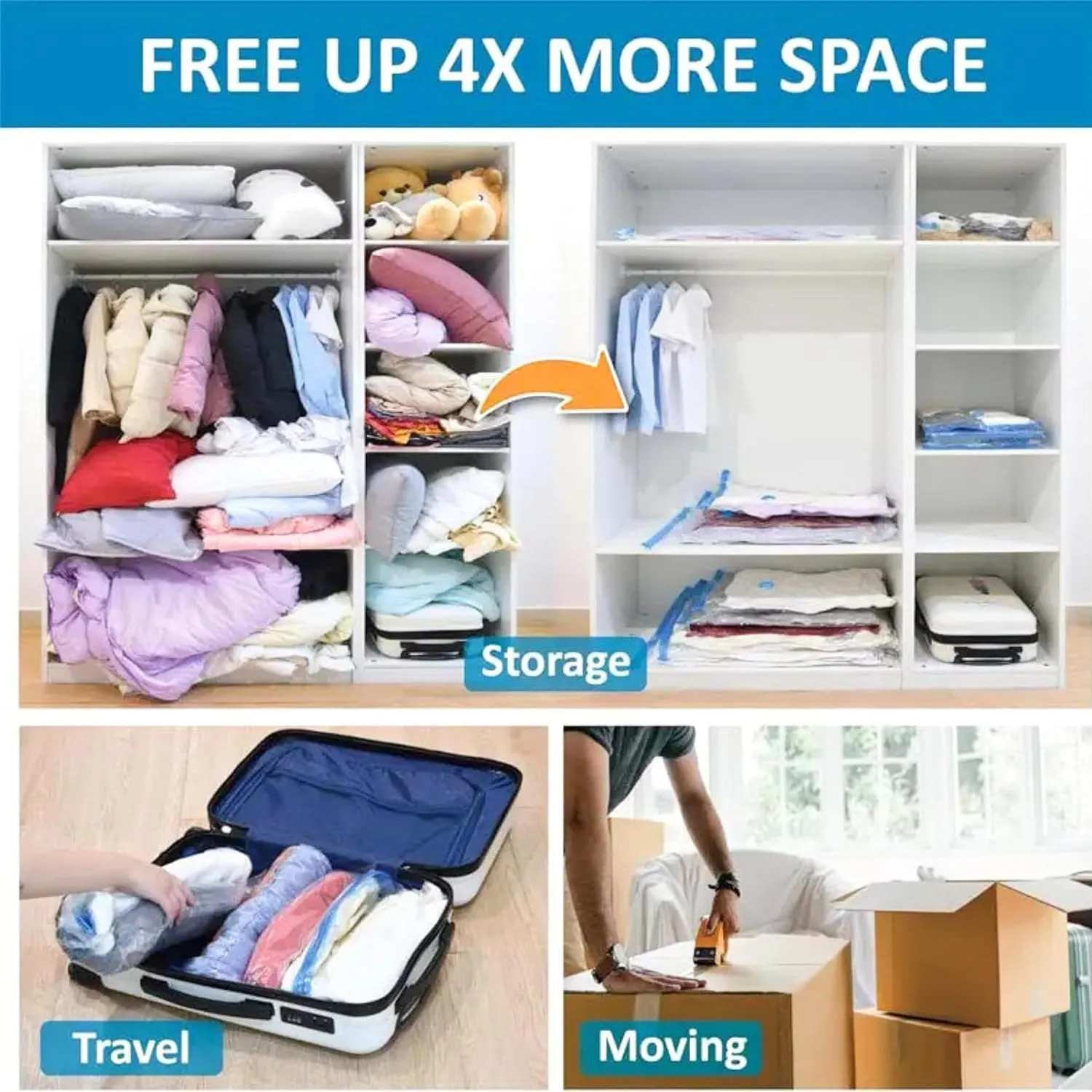 Fixwal® Pack 5 Vacuum Storage Bags with pump, اكياس شفط الهواء, Sealer Bags for Clothing, Saver Bags, Sealer Bags for Clothes, Duvets, Bedding, Pillows, Blankets, Curtains, Comforters, Travel.