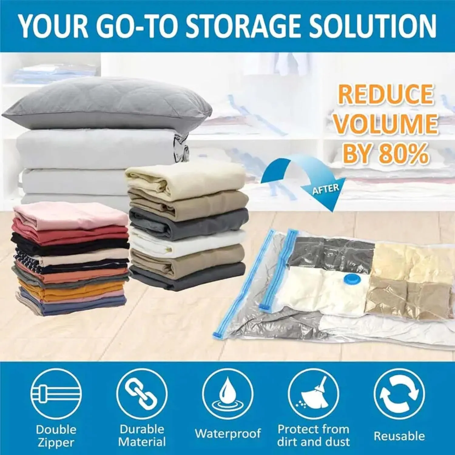 Fixwal® Pack 5 Vacuum Storage Bags with pump, اكياس شفط الهواء, Sealer Bags for Clothing, Saver Bags, Sealer Bags for Clothes, Duvets, Bedding, Pillows, Blankets, Curtains, Comforters, Travel.