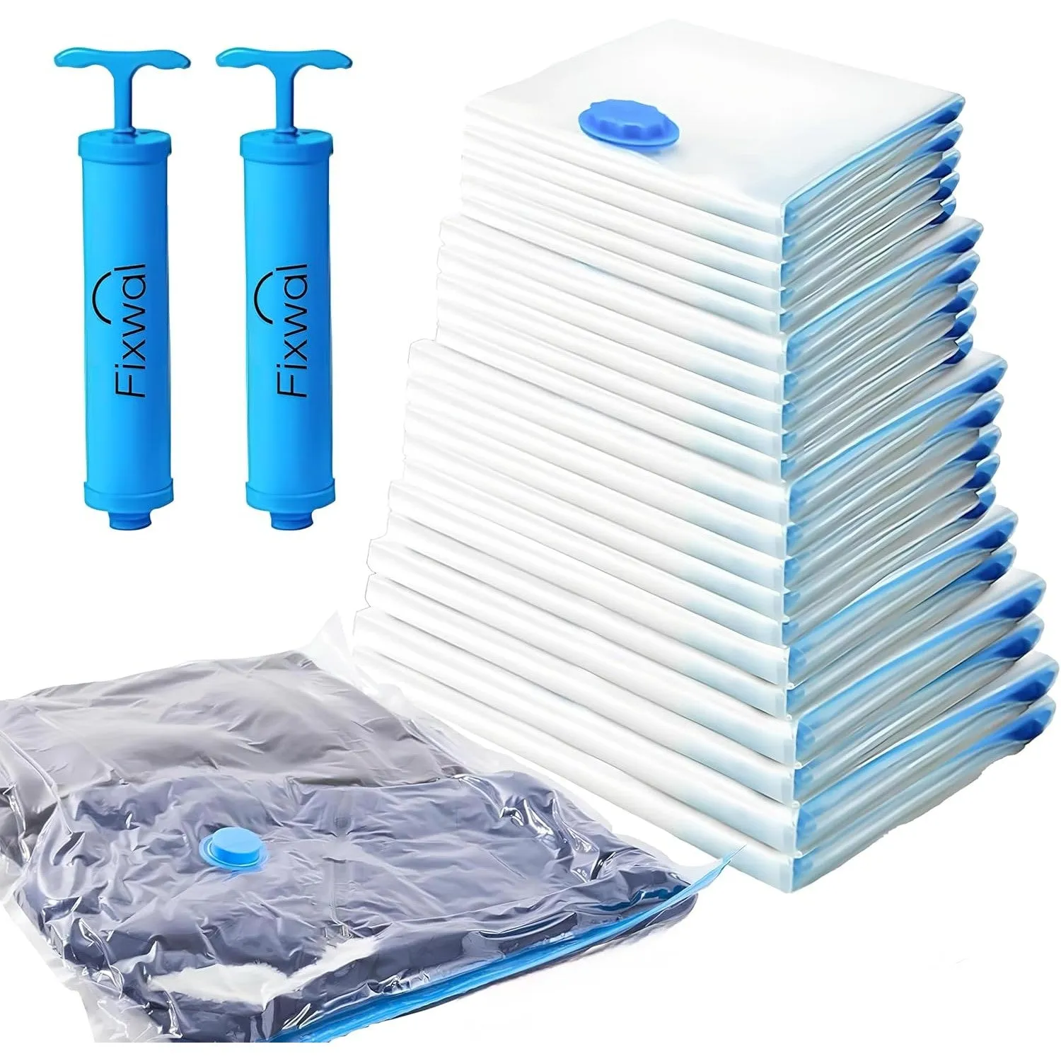 Fixwal® Pack 5 Vacuum Storage Bags with pump, اكياس شفط الهواء, Sealer Bags for Clothing, Saver Bags, Sealer Bags for Clothes, Duvets, Bedding, Pillows, Blankets, Curtains, Comforters, Travel.