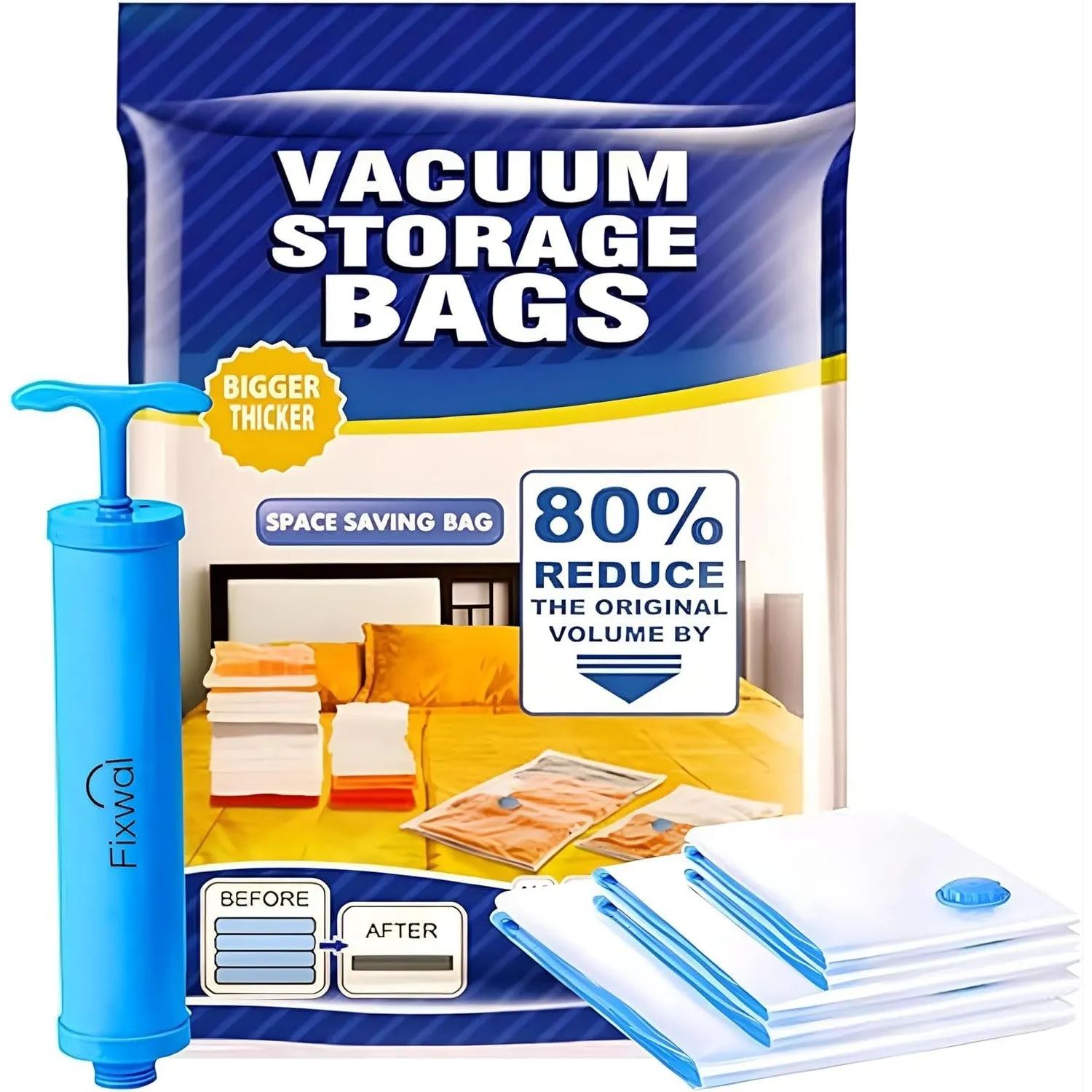 Fixwal® Pack 5 Vacuum Storage Bags with pump, اكياس شفط الهواء, Sealer Bags for Clothing, Saver Bags, Sealer Bags for Clothes, Duvets, Bedding, Pillows, Blankets, Curtains, Comforters, Travel.