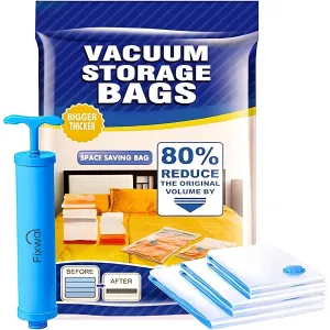 Fixwal® Pack 5 Vacuum Storage Bags with pump, اكياس شفط الهواء, Sealer Bags for Clothing, Saver Bags, Sealer Bags for Clothes, Duvets, Bedding, Pillows, Blankets, Curtains, Comforters, Travel.