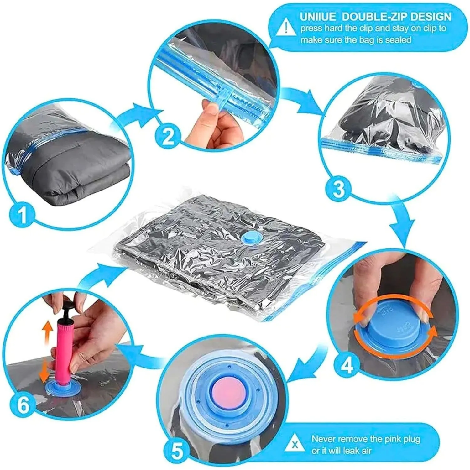 Fixwal® Pack 5 Vacuum Storage Bags with pump, اكياس شفط الهواء, Sealer Bags for Clothing, Saver Bags, Sealer Bags for Clothes, Duvets, Bedding, Pillows, Blankets, Curtains, Comforters, Travel.
