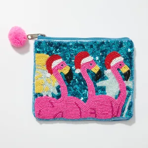 Flamingo Santa Seed Bead Canvas Pouch