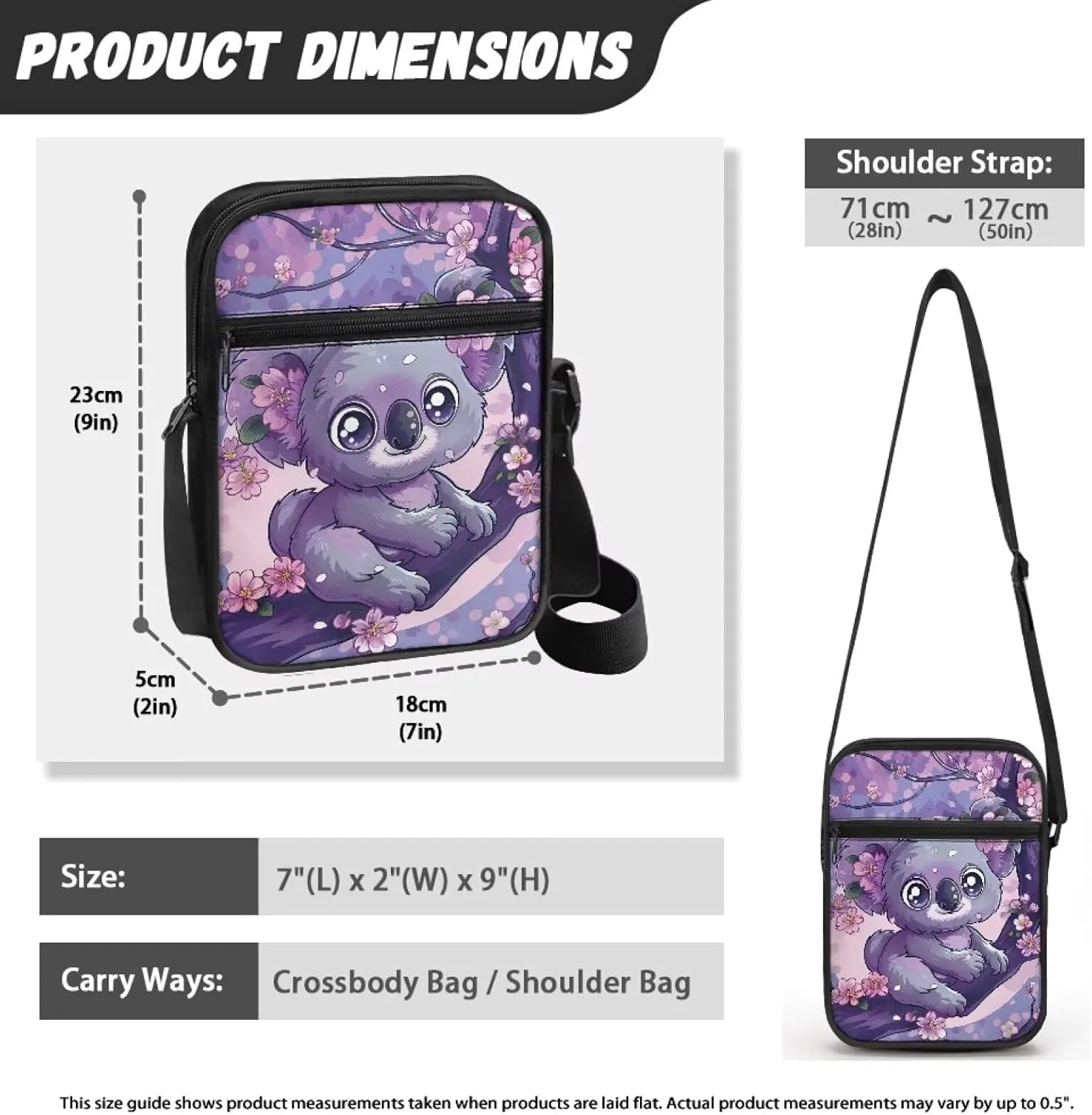 Floral Koala Canvas Satchel Fashion Cross Body Pouch for Female Students Cute Travel Organizer Lightweight Gym Sport Outdoor Minimalist