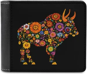 Flower Silhouette Bison Buffalo Bifold Wallet PU Leather Pocket Wallet Slim Purse for Men Women Gifts