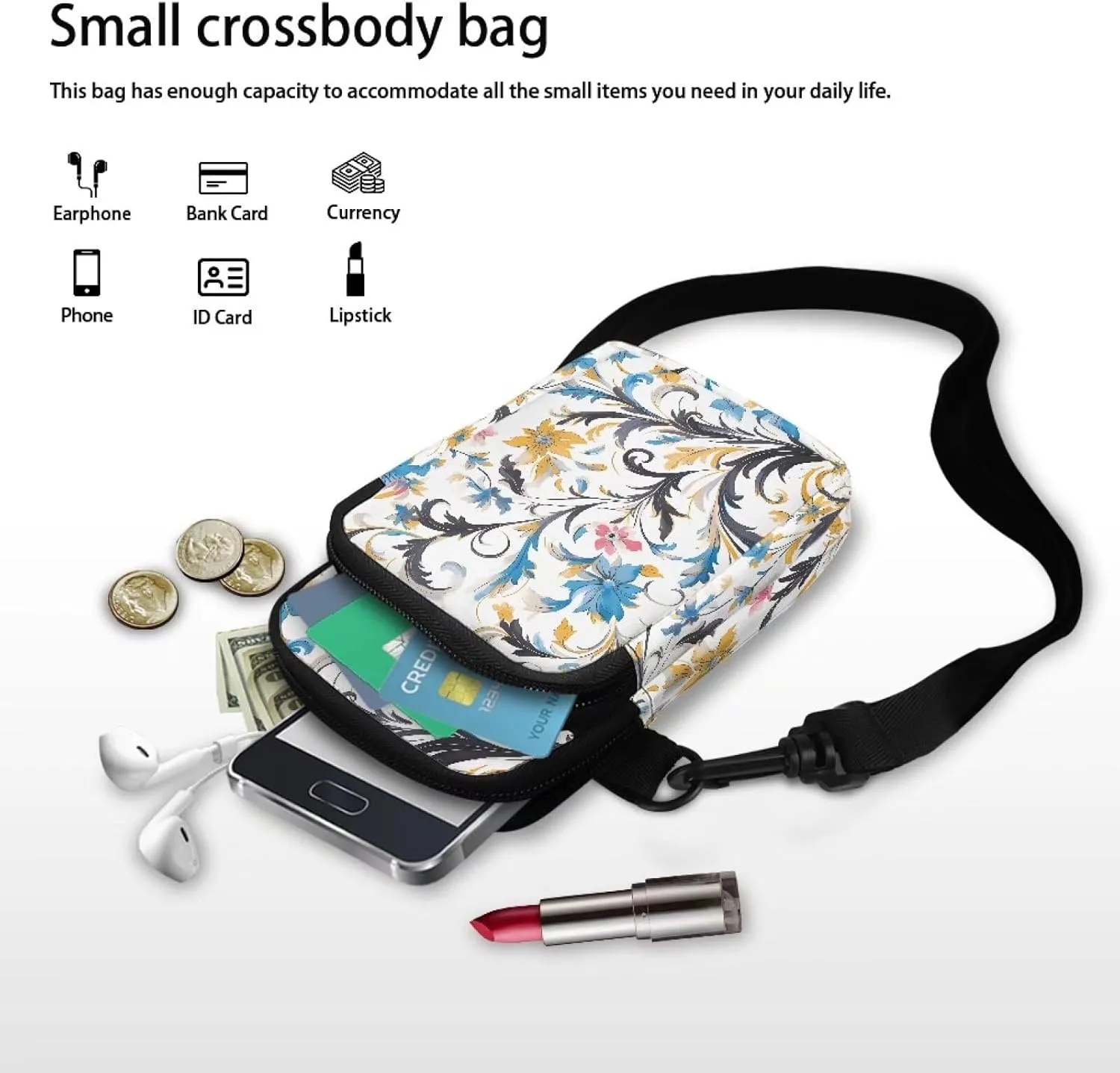 Flower Skull Small Crossbody Cell Phone Bag for Women, Dachshund Peacock Shoulder Bag, Clover Zip Cell Phone Purse