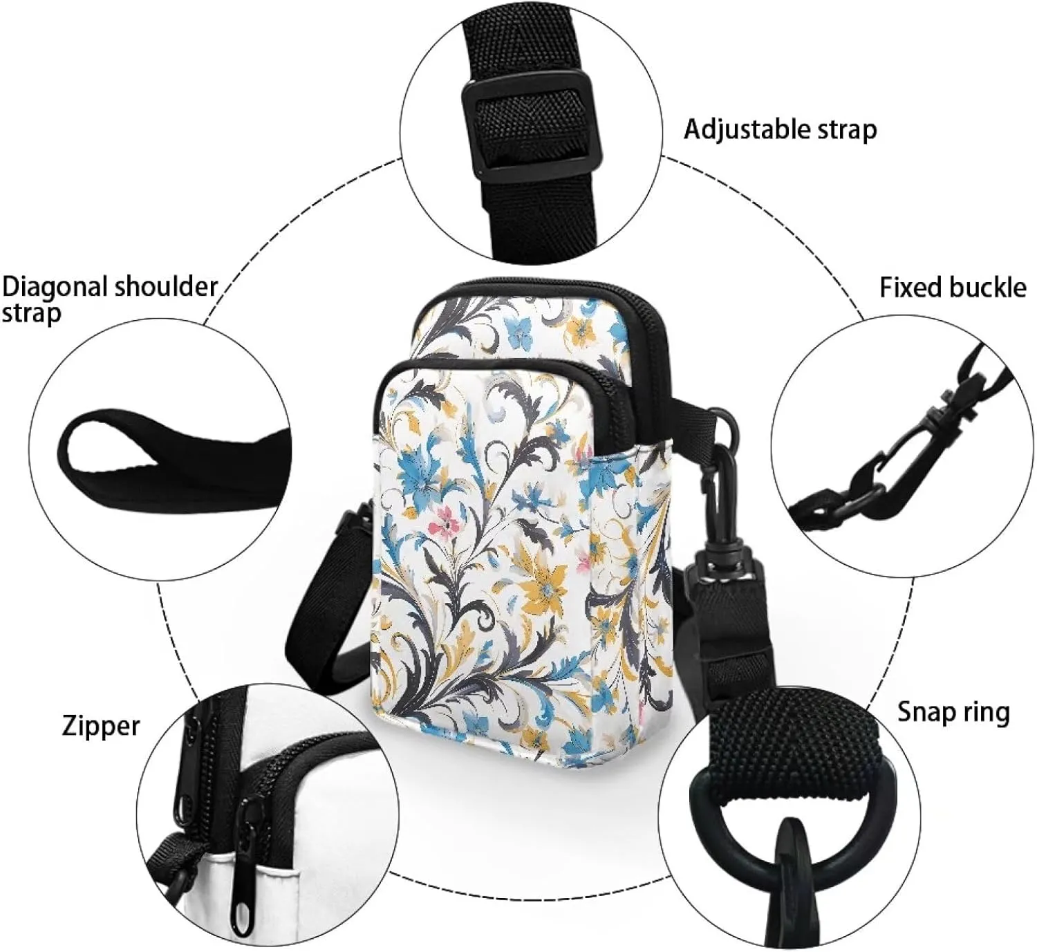 Flower Skull Small Crossbody Cell Phone Bag for Women, Dachshund Peacock Shoulder Bag, Clover Zip Cell Phone Purse