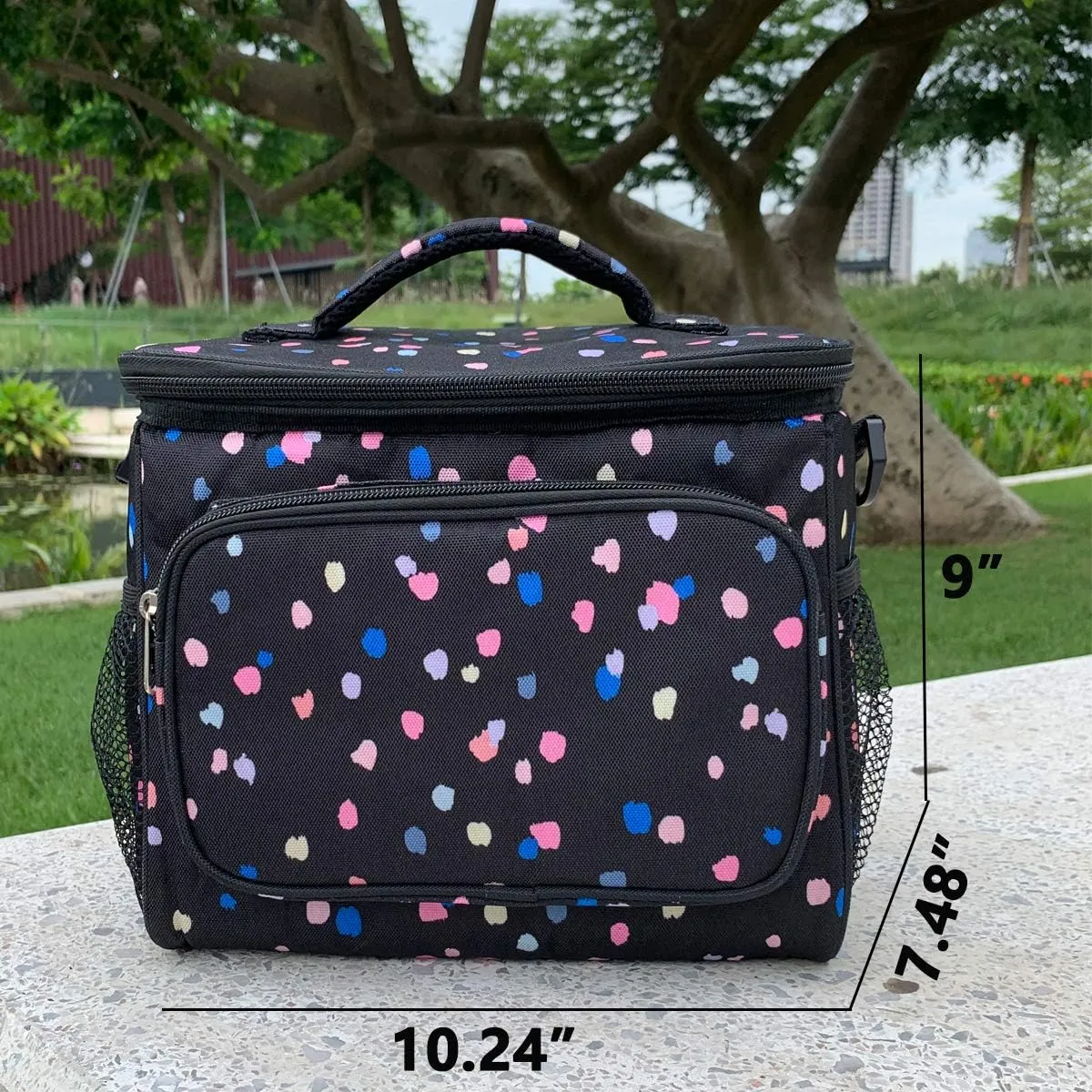 FlowFly Insulated Reusable Lunch Bag Adult Large Lunch Box for Women and Men with Adjustable Shoulder Strap,Front Zipper Pocket and Dual Large Mesh Side Pockets,BlackFlower