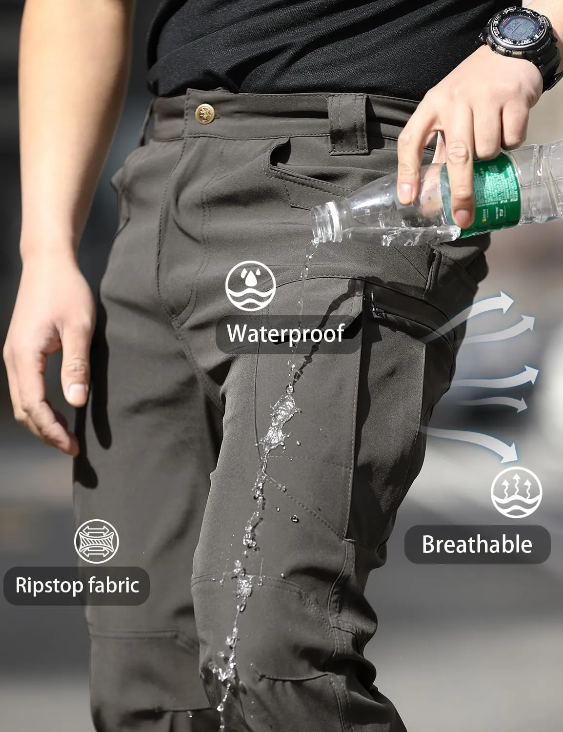 FLYFIREFLY Men's Cargo Hiking Pants Lightweight Waterproof Tactical Pants Outdoor Work Pants with Pockets(No Belt)