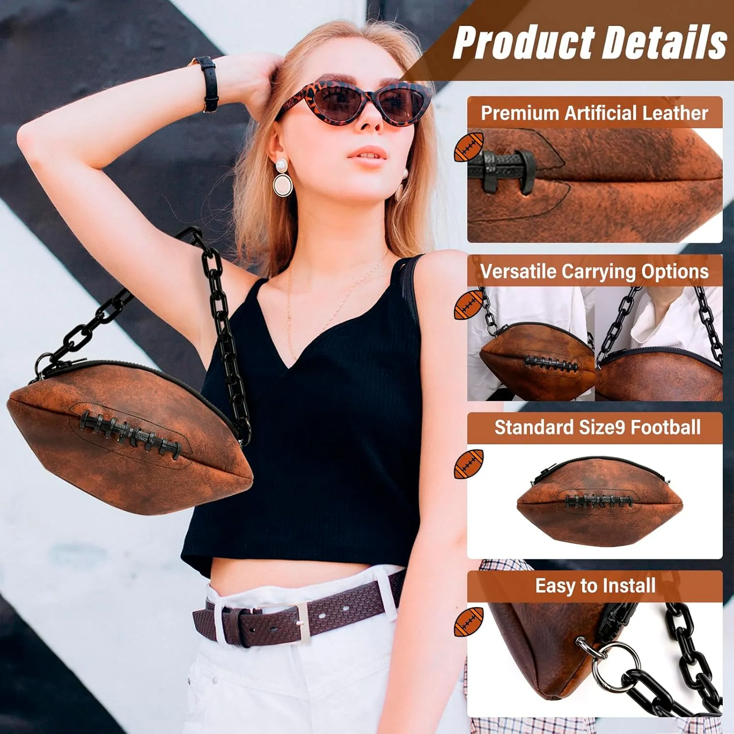 Football Shaped Crossbody Bag 9# Football Purse with Chain Strap, Sports Fan Handbag for Game Day & Streetwear