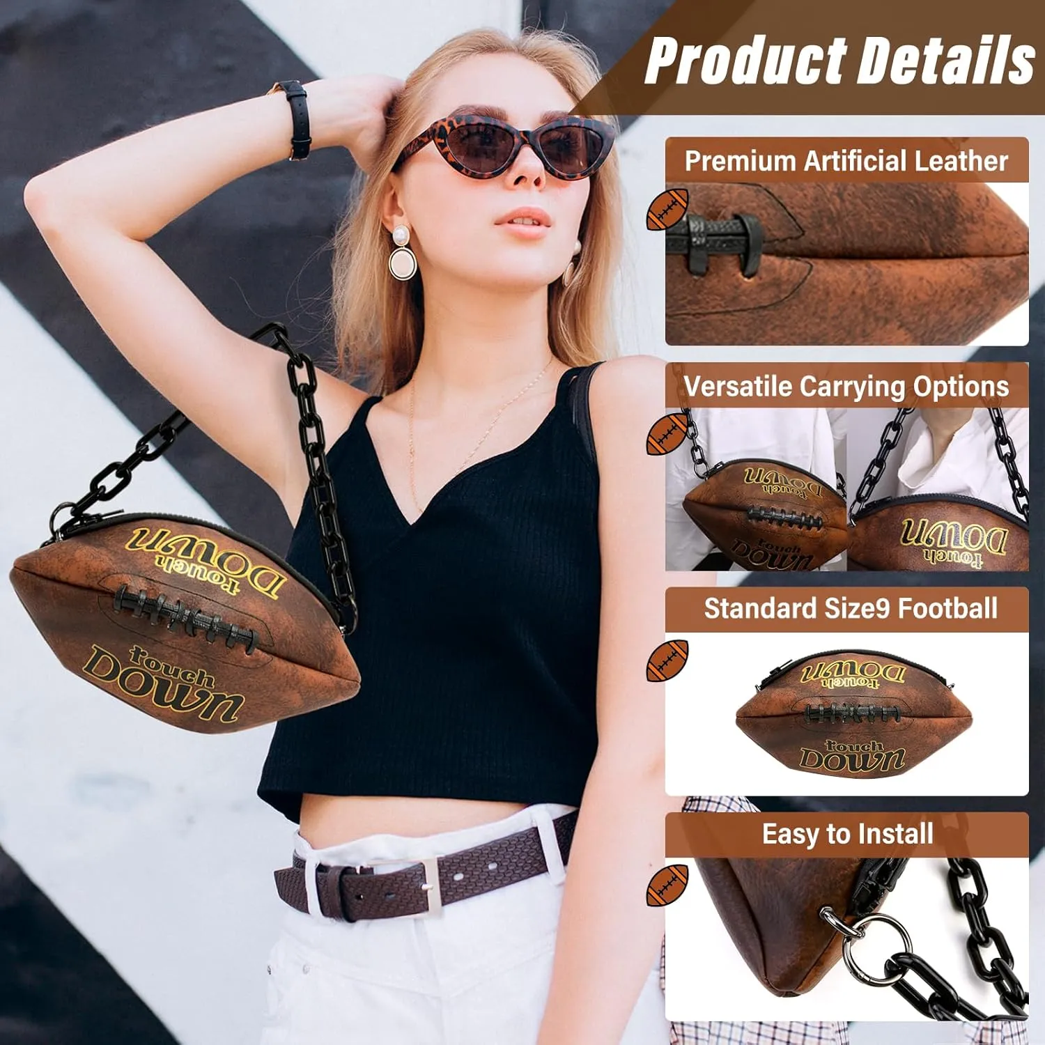 Football Shaped Crossbody Bag 9# Football Purse with Chain Strap, Sports Fan Handbag for Game Day & Streetwear