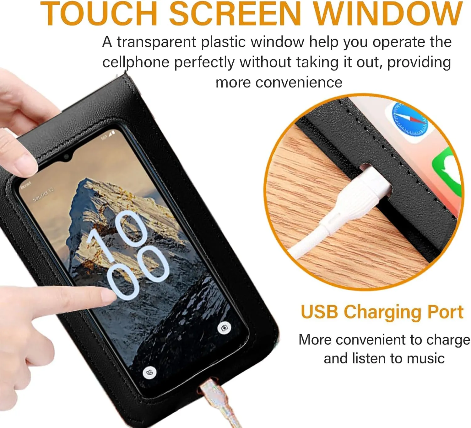 for Foxx FOXXD AS65U Case with Long Lanyard, Ultra HD [Transparent Touch Screen] Phone Bag, Crossbody Strap PU Leather Wallet Cover Holster Credit Card Holder [Clip Magnetic Protection] Black