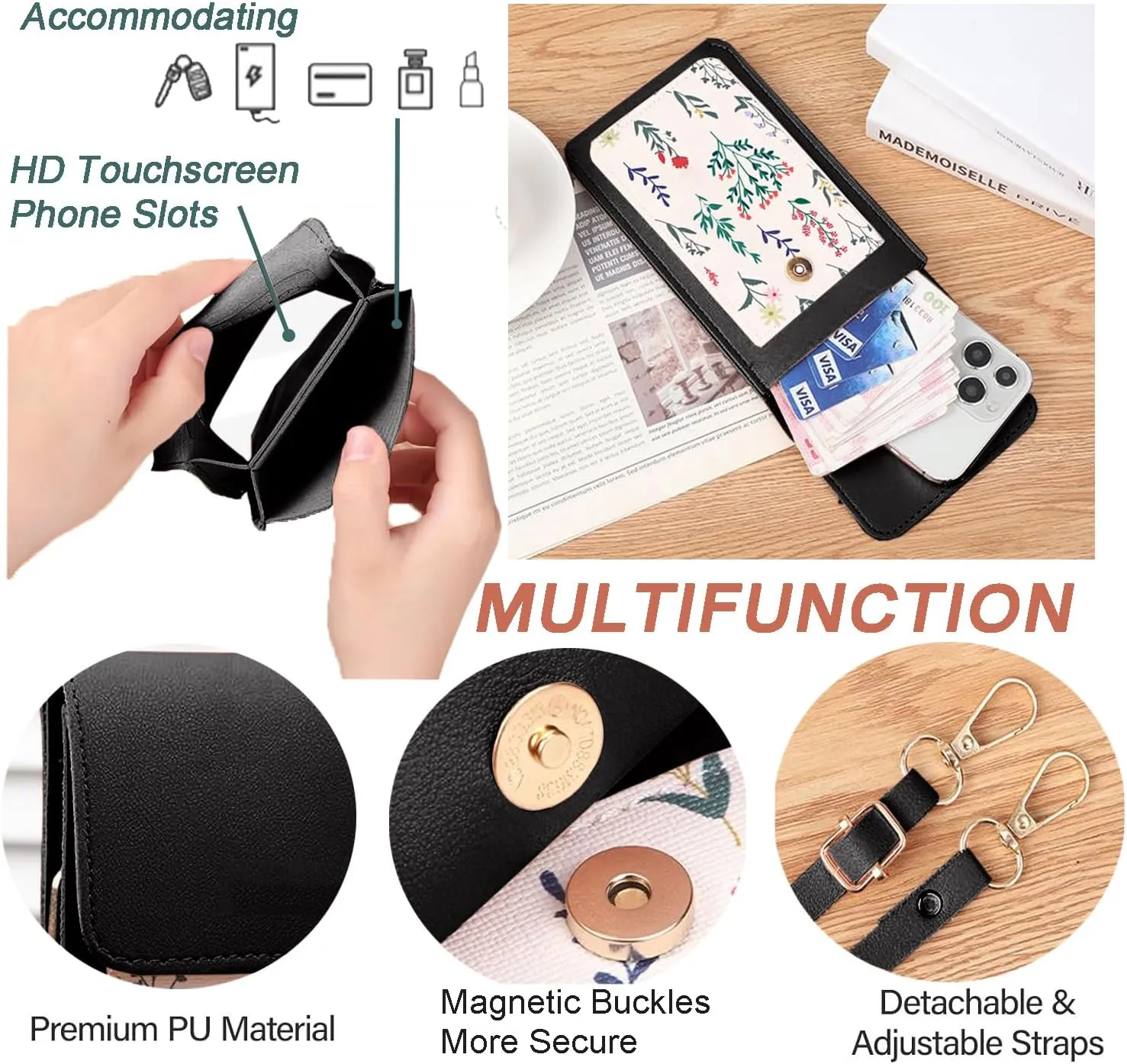 for Foxx FOXXD AS65U Case with Long Lanyard, Ultra HD [Transparent Touch Screen] Phone Bag, Crossbody Strap PU Leather Wallet Cover Holster Credit Card Holder [Clip Magnetic Protection] Black