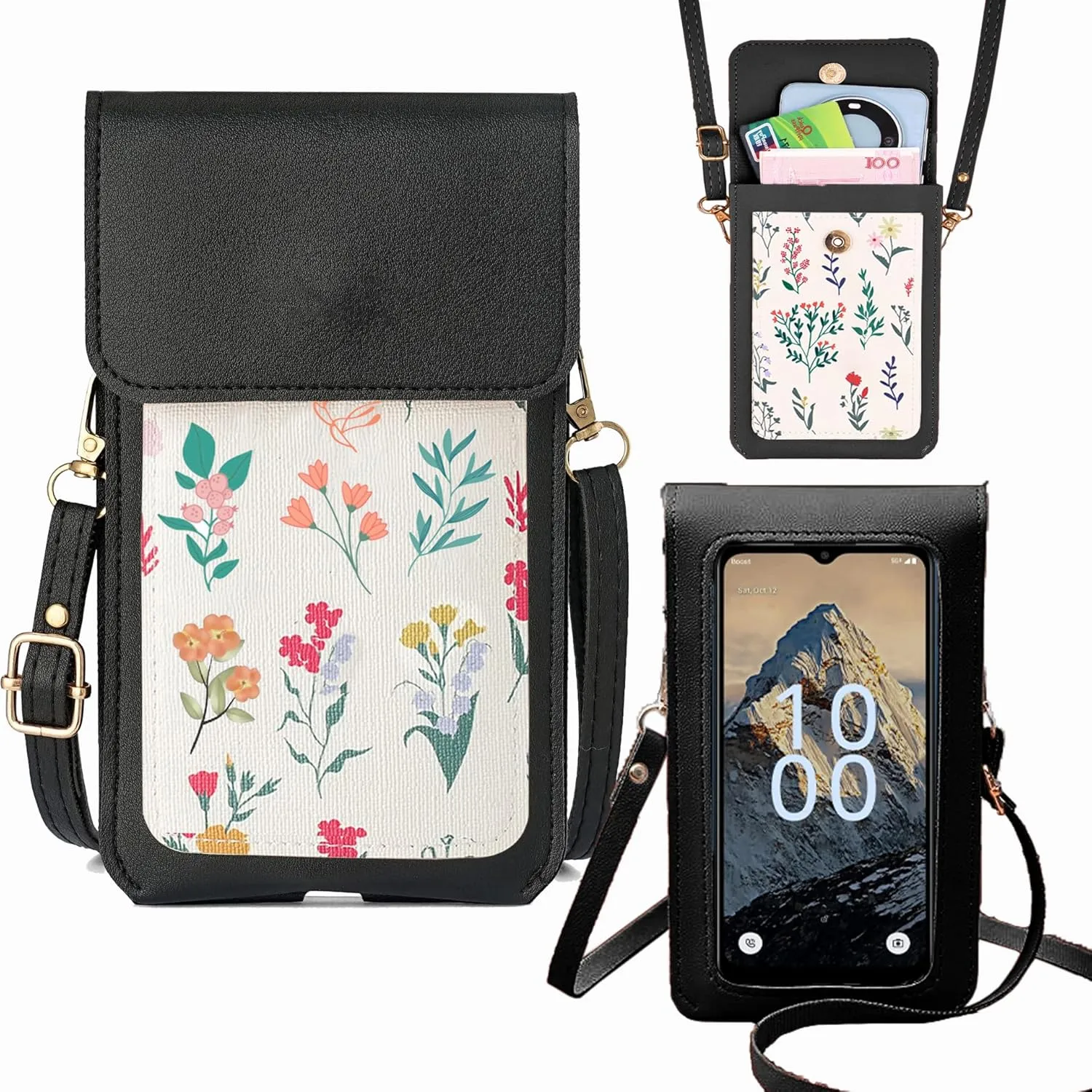 for Foxx FOXXD AS65U Case with Long Lanyard, Ultra HD [Transparent Touch Screen] Phone Bag, Crossbody Strap PU Leather Wallet Cover Holster Credit Card Holder [Clip Magnetic Protection] Black