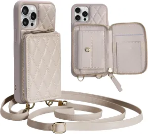 for iPhone 14 Pro Max Wallet Case Crossbody, PU Leather Zipper Handbag Purse Flip Cover Standar, Independent Slot Adjustable Strap Portable 6.7-Inch iPhone Case Beige