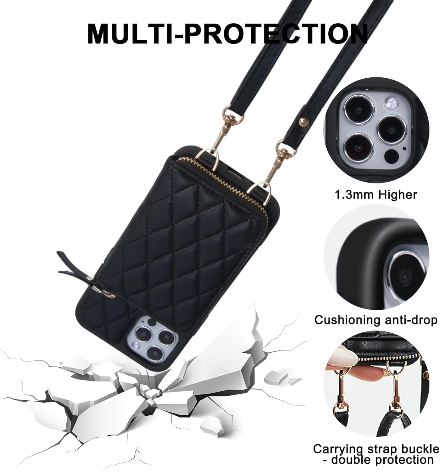 for iPhone 14 Pro Max Wallet Case Crossbody, PU Leather Zipper Handbag Purse Flip Cover Standar, Independent Slot Adjustable Strap Portable 6.7-Inch iPhone Case Beige