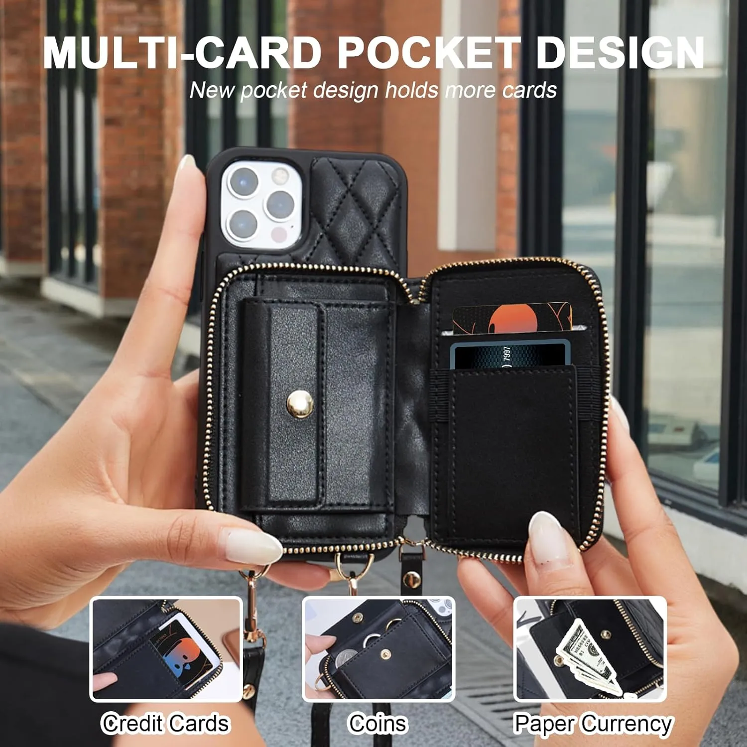 for iPhone 14 Pro Max Wallet Case Crossbody, PU Leather Zipper Handbag Purse Flip Cover Standar, Independent Slot Adjustable Strap Portable 6.7-Inch iPhone Case Beige