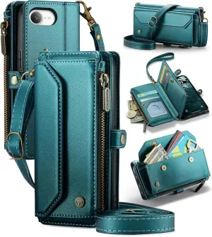 for iPhone 16e Case, Crossbody Wallet Phone Case for iPhone 16e, RFID Blocking Kickstand, Anti-Drop Wireless Charging Card Slots, PU Leather Shoulder Bag Clutch Adjustable Strap, Blue Green