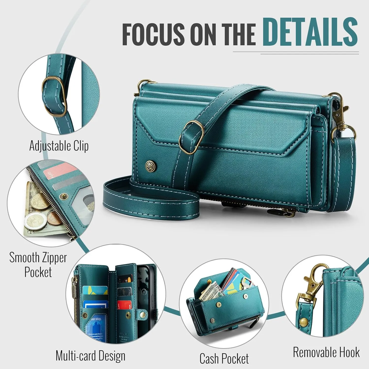 for iPhone 16e Case, Crossbody Wallet Phone Case for iPhone 16e, RFID Blocking Kickstand, Anti-Drop Wireless Charging Card Slots, PU Leather Shoulder Bag Clutch Adjustable Strap, Blue Green