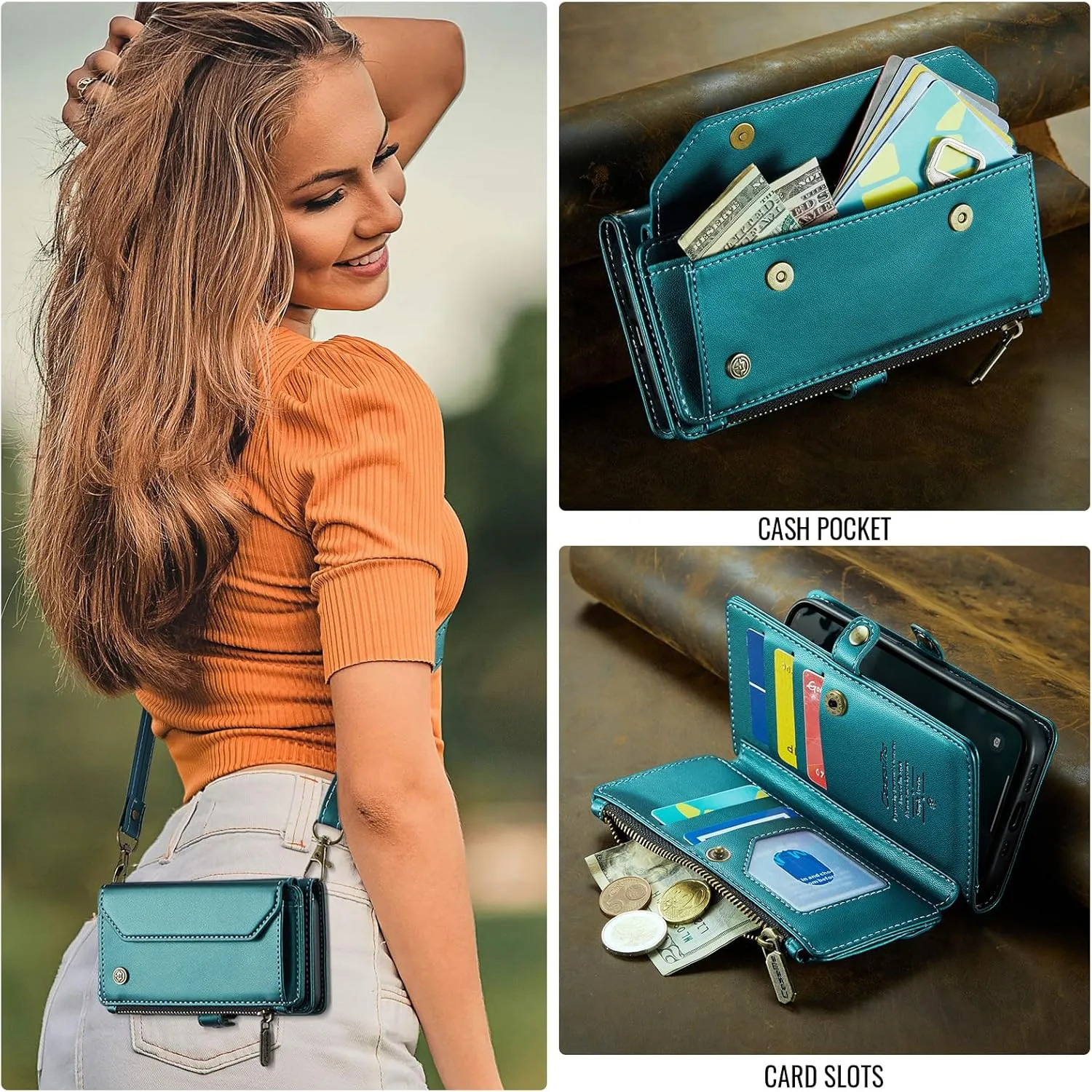 for iPhone 16e Case, Crossbody Wallet Phone Case for iPhone 16e, RFID Blocking Kickstand, Anti-Drop Wireless Charging Card Slots, PU Leather Shoulder Bag Clutch Adjustable Strap, Blue Green