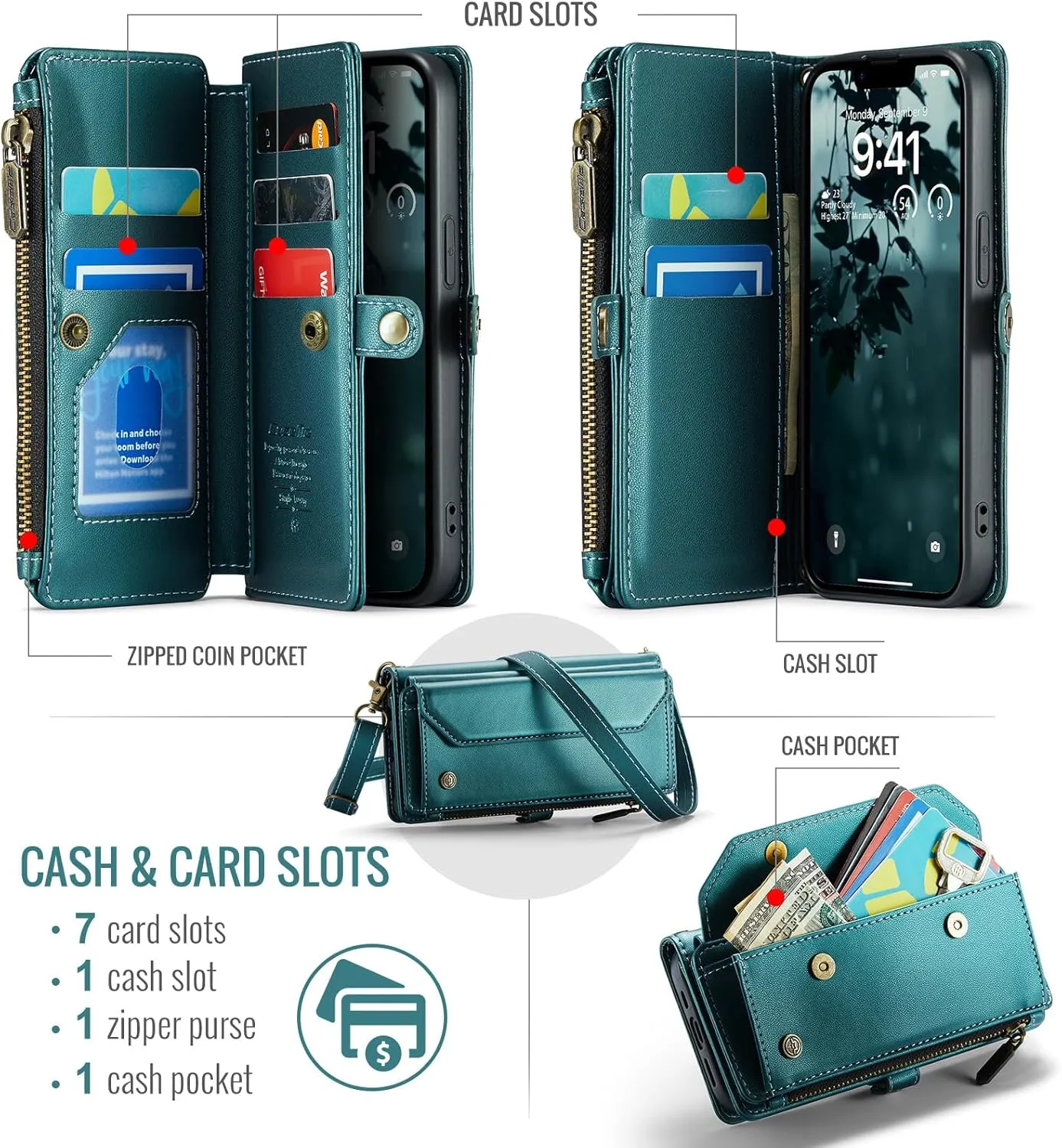 for iPhone 16e Case, Crossbody Wallet Phone Case for iPhone 16e, RFID Blocking Kickstand, Anti-Drop Wireless Charging Card Slots, PU Leather Shoulder Bag Clutch Adjustable Strap, Blue Green