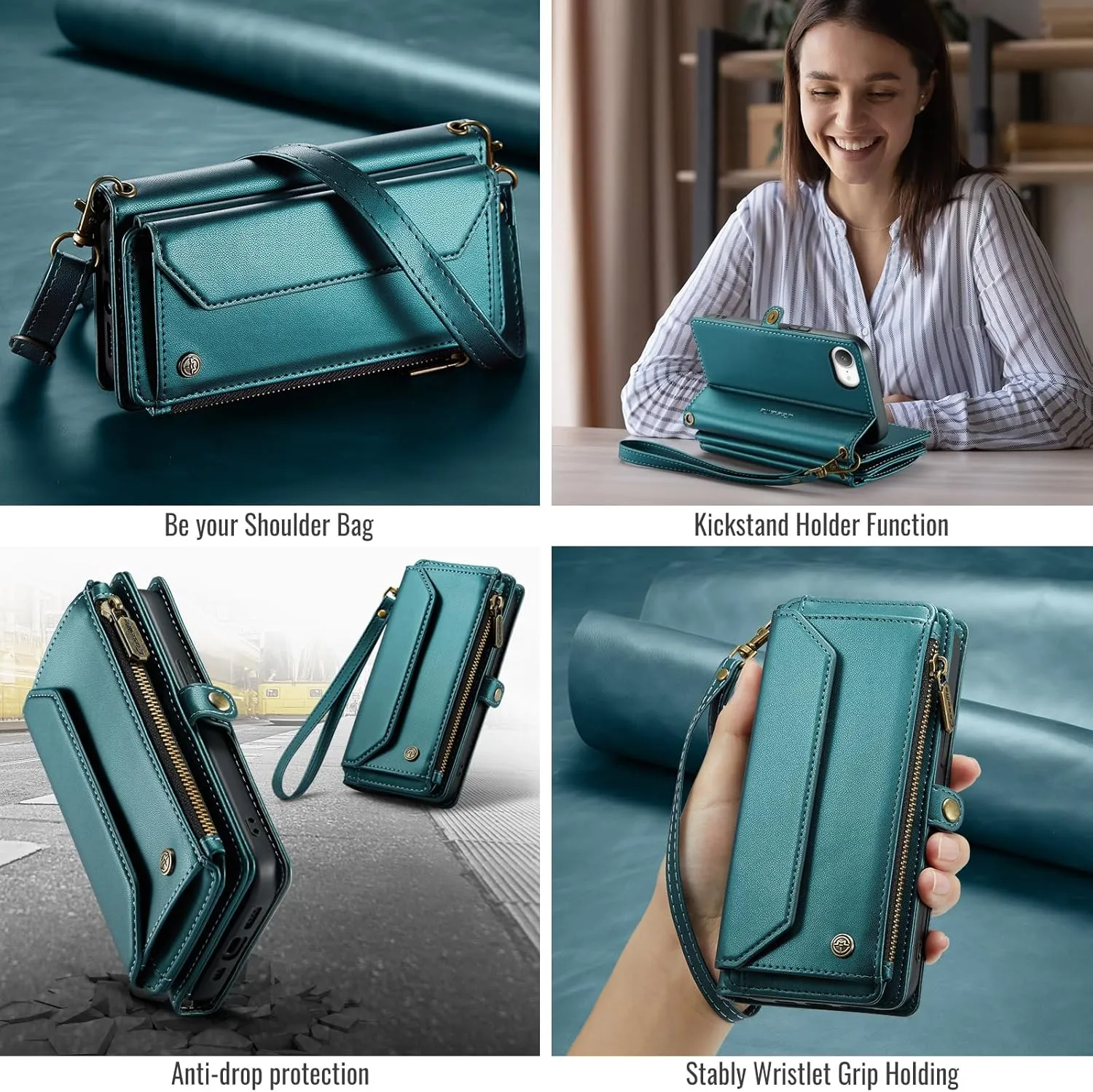 for iPhone 16e Case, Crossbody Wallet Phone Case for iPhone 16e, RFID Blocking Kickstand, Anti-Drop Wireless Charging Card Slots, PU Leather Shoulder Bag Clutch Adjustable Strap, Blue Green