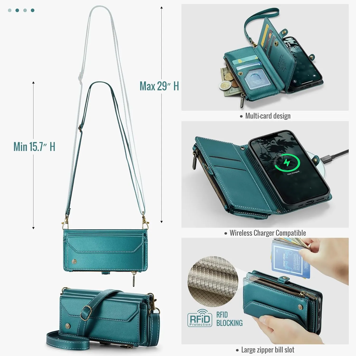 for iPhone 16e Case, Crossbody Wallet Phone Case for iPhone 16e, RFID Blocking Kickstand, Anti-Drop Wireless Charging Card Slots, PU Leather Shoulder Bag Clutch Adjustable Strap, Blue Green