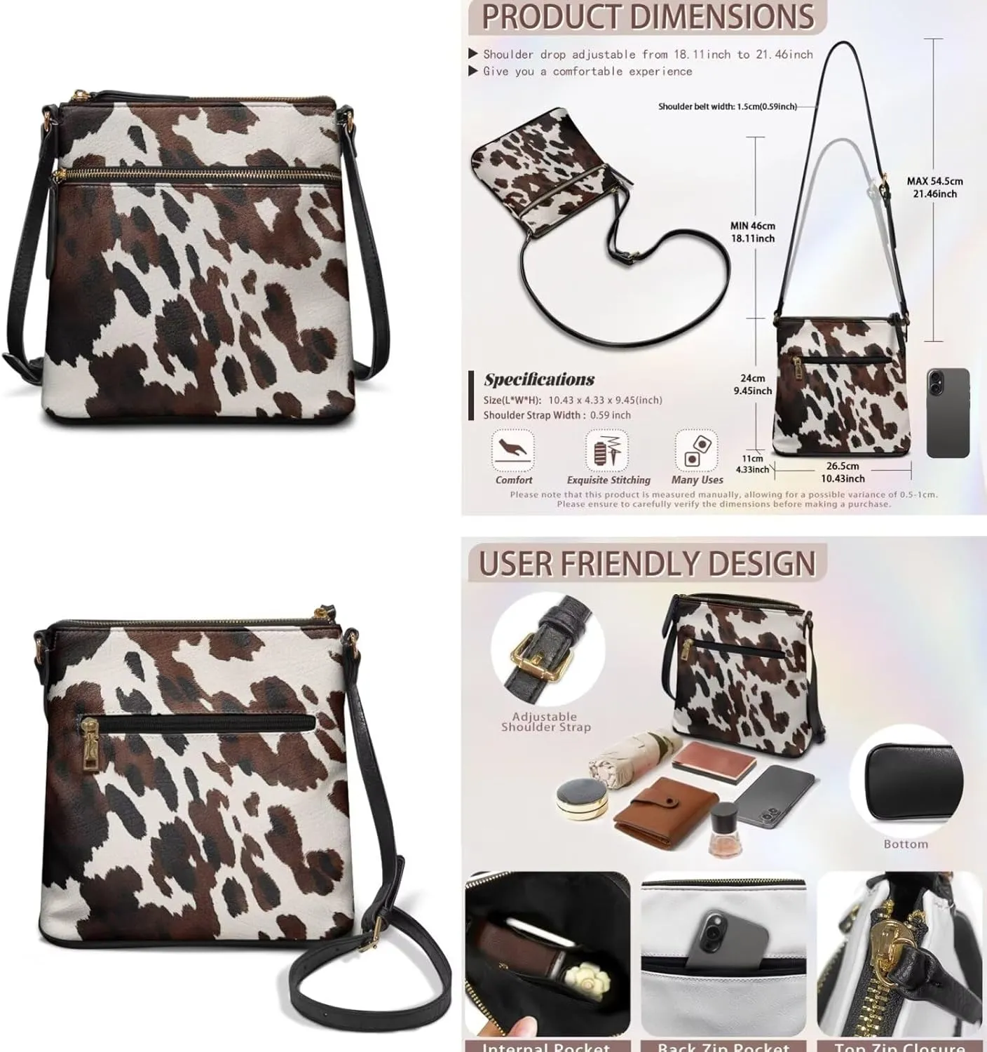 FOR U DESIGNS Leather Crossbody Bags for Women Trendy Travel Shoulder Satchel Handbags Zipper Closure Purse and Wallet Set