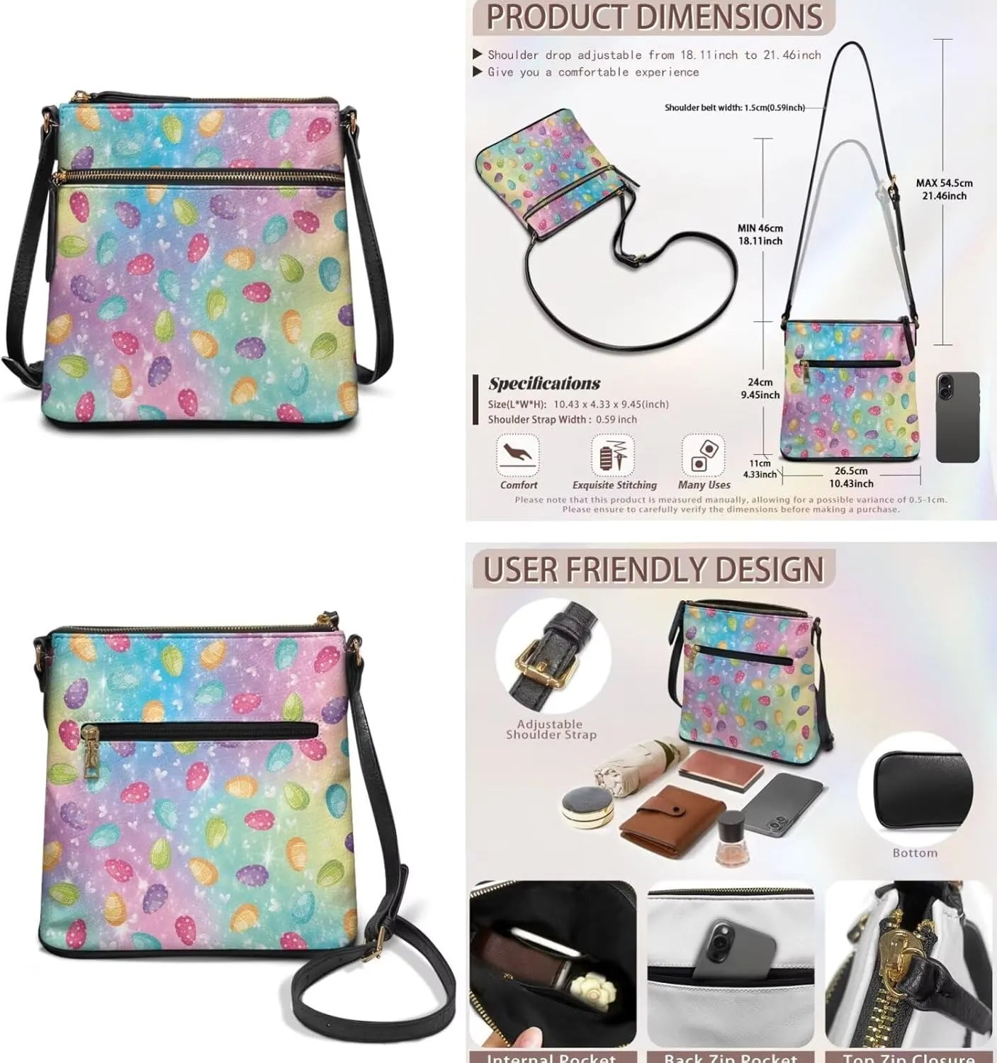 FOR U DESIGNS Purses for Women PU Leather Multi Pockets Easter Bunny Cross Body Purse and Matching Wallet Set