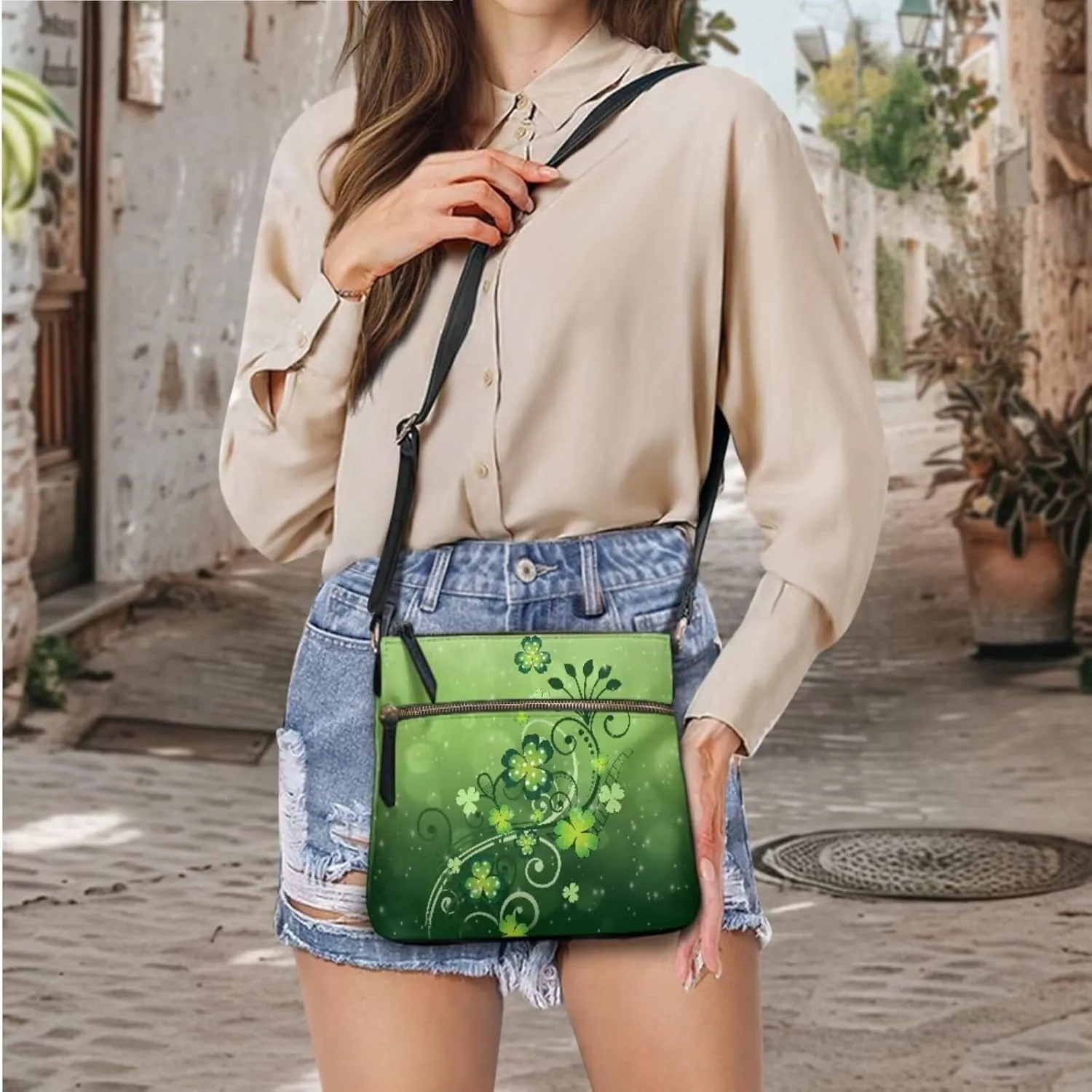 FOR U DESIGNS St. Patrick's Day Green Leaves Crossbody Bags for Women Leather Shoulder Handbags Matching Wallet Set