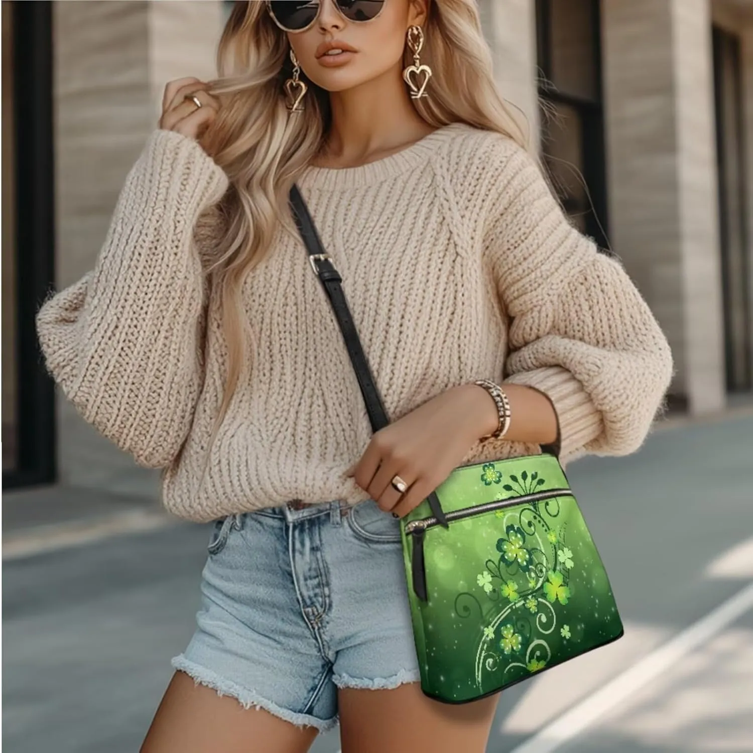 FOR U DESIGNS St. Patrick's Day Green Leaves Crossbody Bags for Women Leather Shoulder Handbags Matching Wallet Set