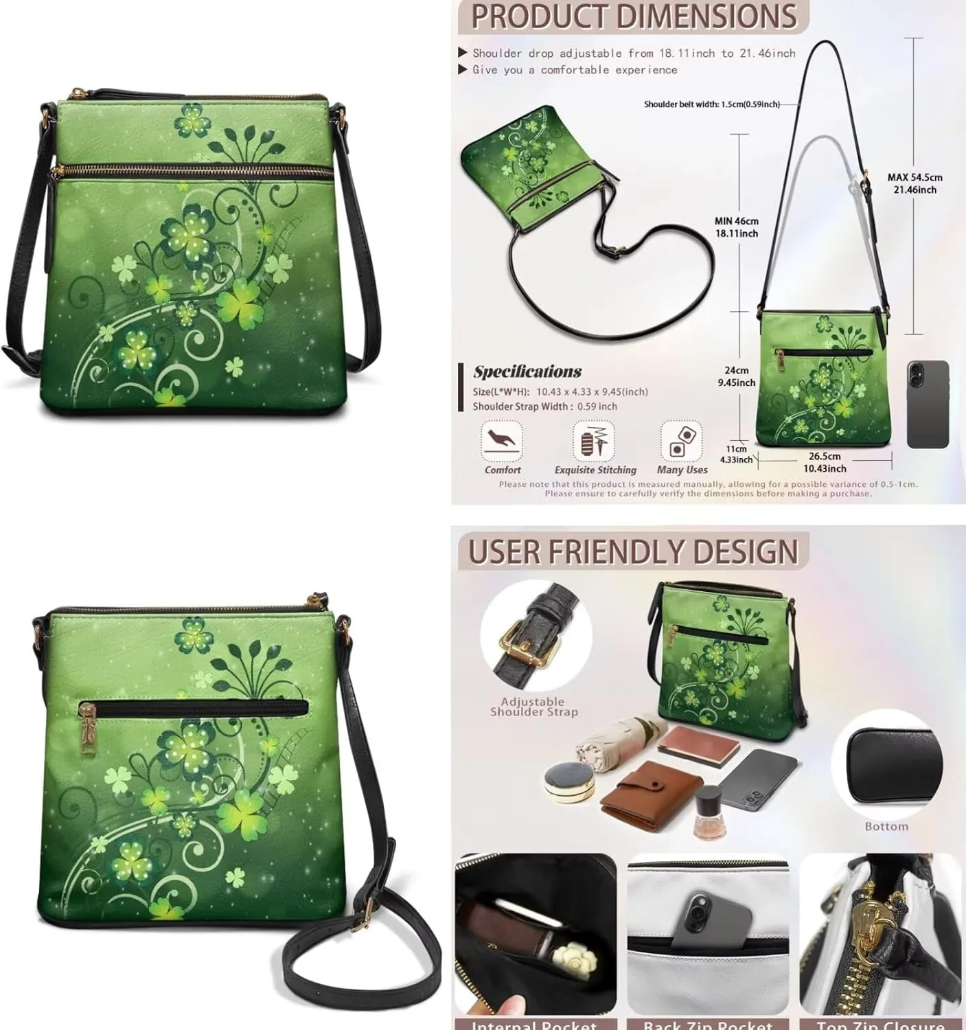 FOR U DESIGNS St. Patrick's Day Green Leaves Crossbody Bags for Women Leather Shoulder Handbags Matching Wallet Set