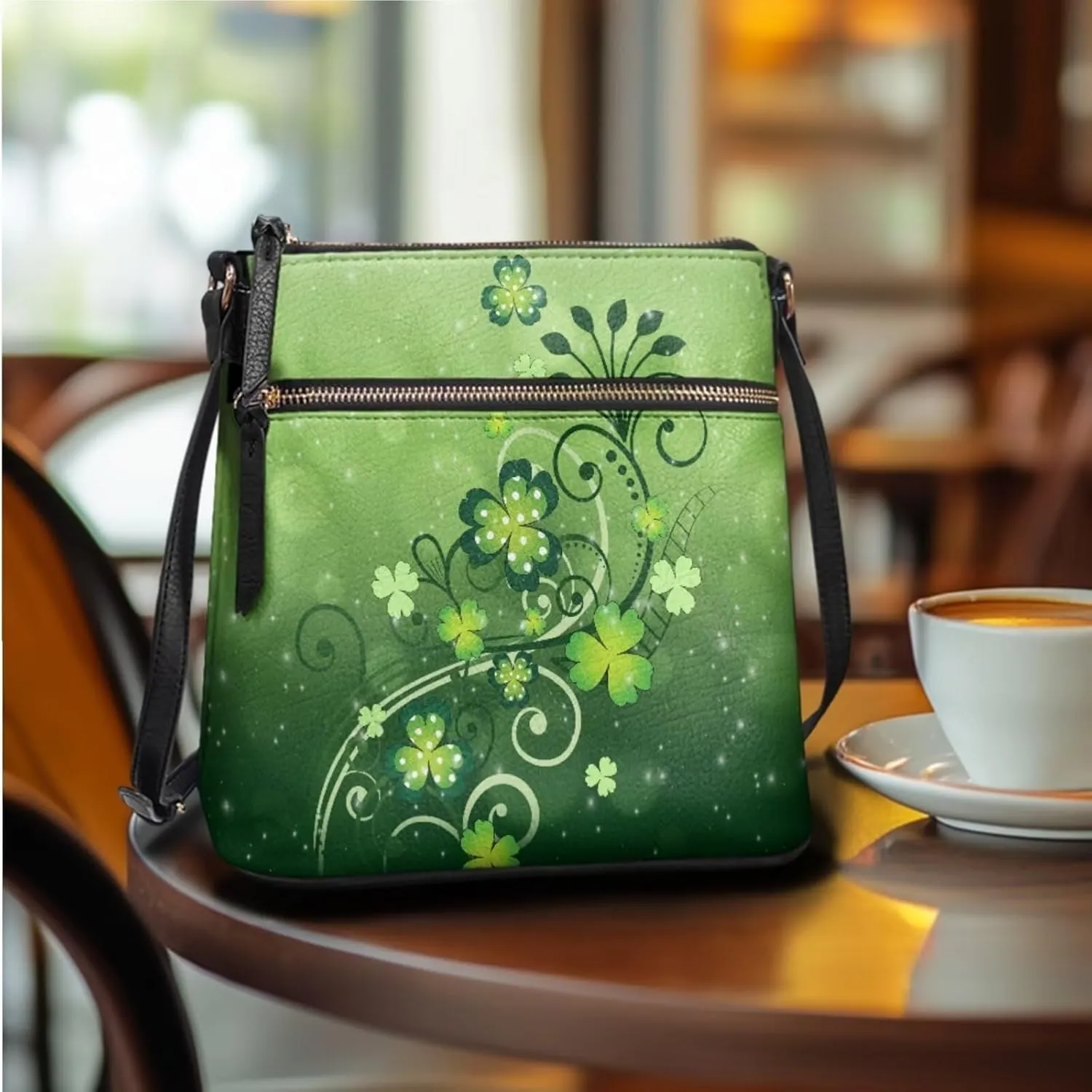 FOR U DESIGNS St. Patrick's Day Green Leaves Crossbody Bags for Women Leather Shoulder Handbags Matching Wallet Set