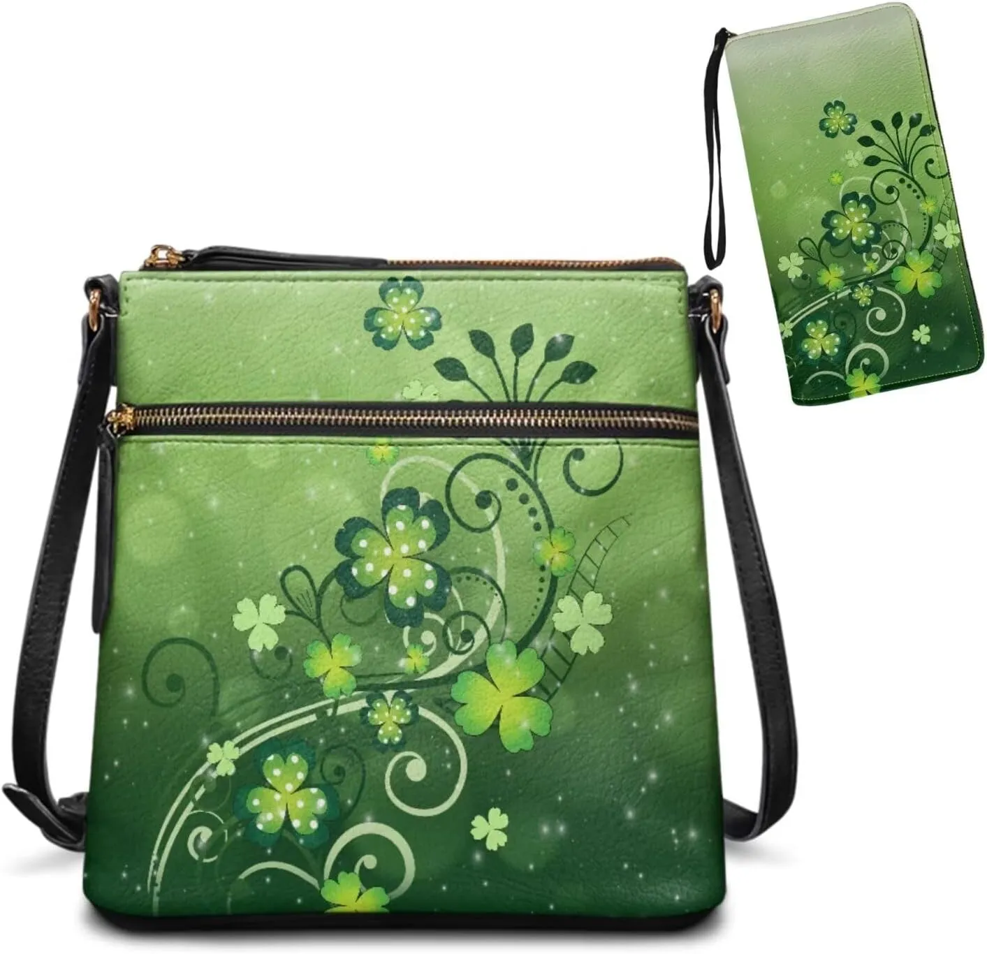 FOR U DESIGNS St. Patrick's Day Green Leaves Crossbody Bags for Women Leather Shoulder Handbags Matching Wallet Set