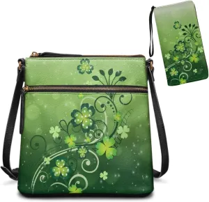 FOR U DESIGNS St. Patrick's Day Green Leaves Crossbody Bags for Women Leather Shoulder Handbags Matching Wallet Set
