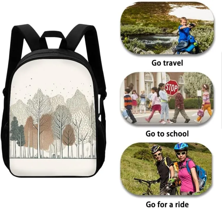 Forest Nordic Minimalist School Backpack Boys Girls Kids School Bookbag Set with Tree Hand Drawing Lunch Box and Pencil Case for Kids Boys Girls Back to School Gifts