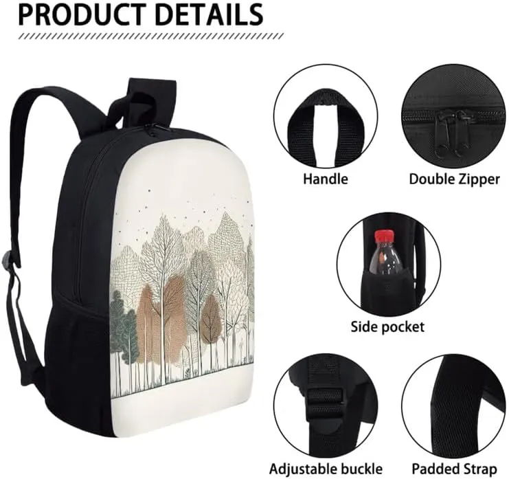 Forest Nordic Minimalist School Backpack Boys Girls Kids School Bookbag Set with Tree Hand Drawing Lunch Box and Pencil Case for Kids Boys Girls Back to School Gifts